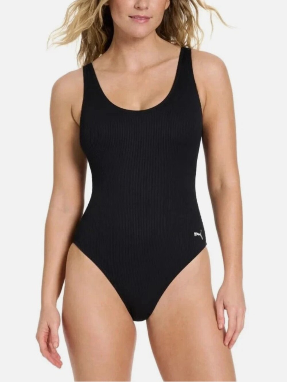 Puma Black Ribbed Scoop-Back One-Piece Swimsuit